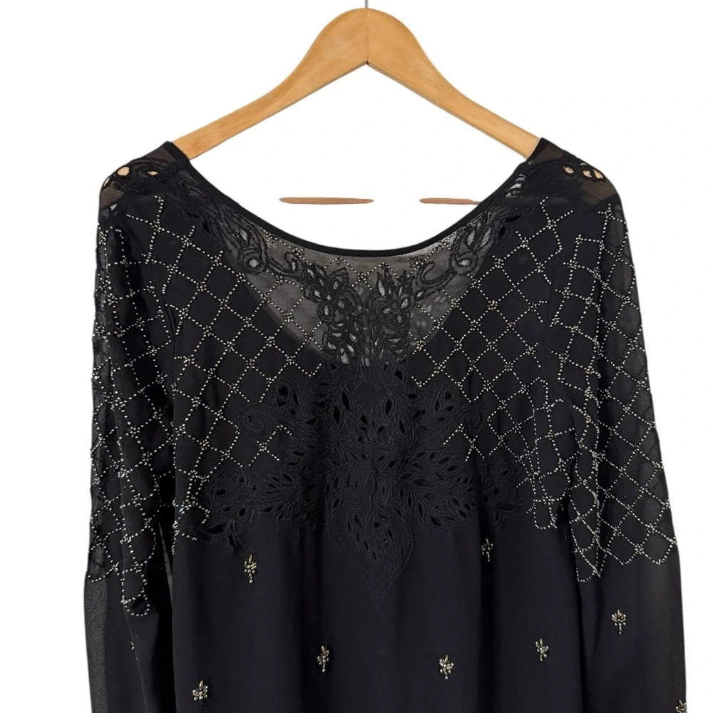 FREE PEOPLE Unchain My Heart Beaded Embroidered Black Long Sleeve Mini Dress